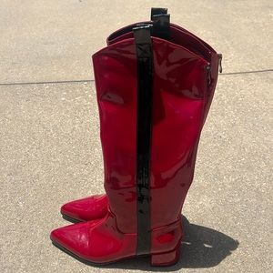 YOUTHJUNE Red & Black Stripe Patent Leather Riding Boot